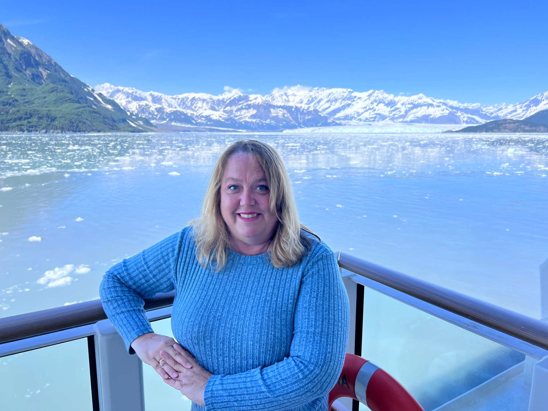 Christine Scheeler aboard a cruise ship at Hubbard Glacier, Alaska.