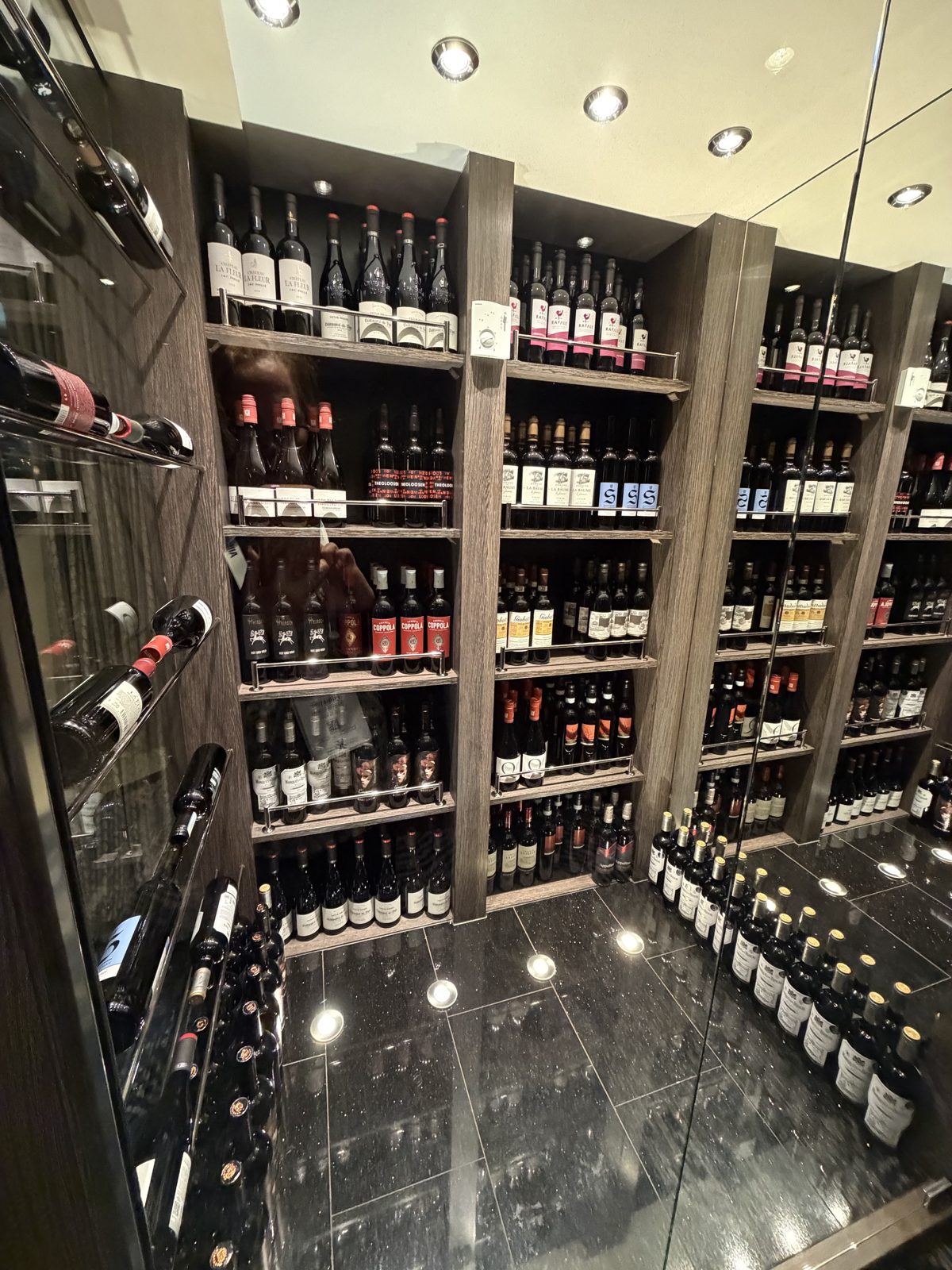 Floor-to-ceiling wine selection aboard a Riverside river cruise ship