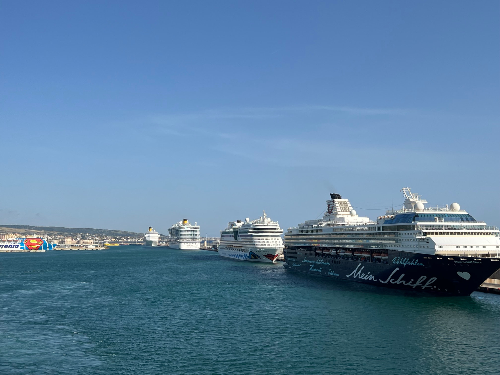 Cruise ships lined up along the pier at the Civitavecchia cruise port near Rome, Italy