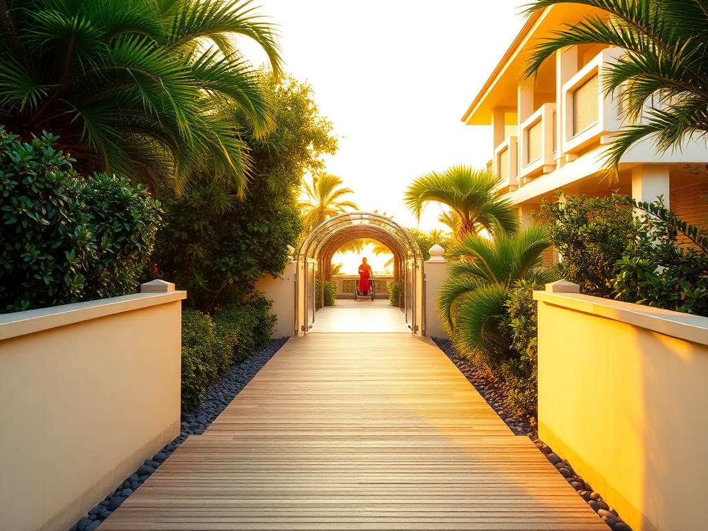 A welcoming, accessible resort pathway surrounded by tropical greenery in warm golden light