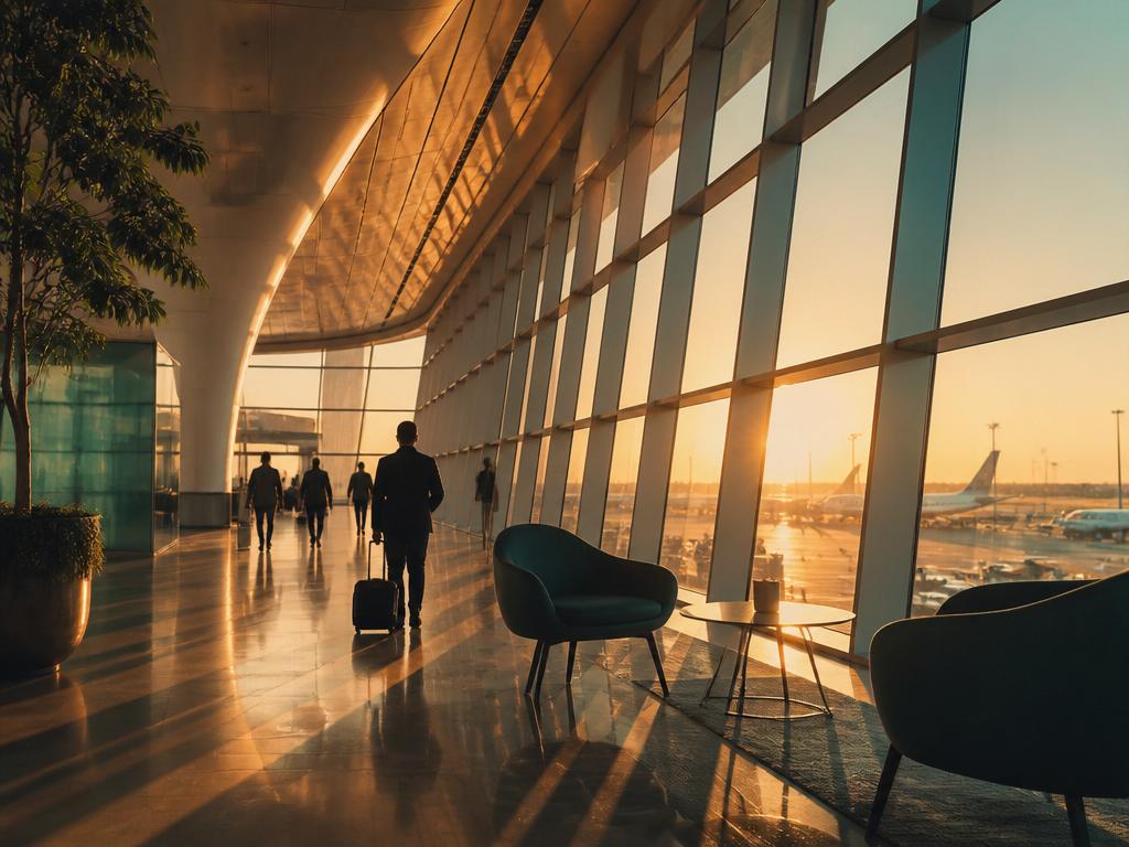 Modern airport terminal at golden hour